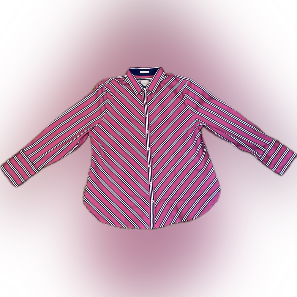 Chico’s No- Iron Pink Striped Button-Up Shirt size L - Picture 4 of 15